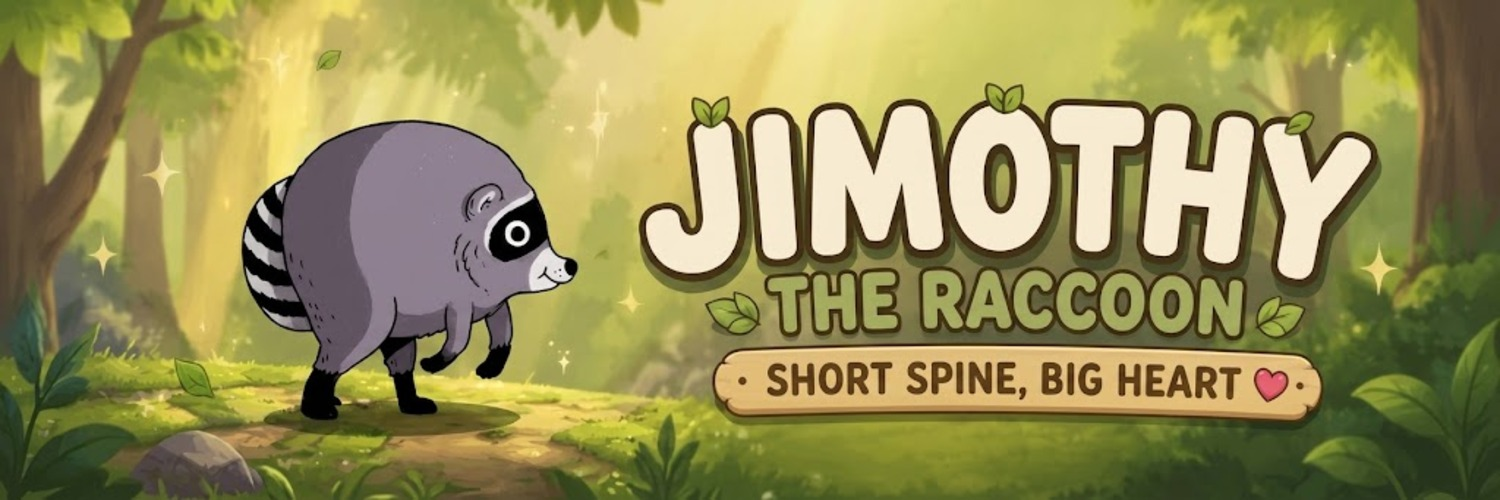 Jimothy The Raccoon banner — short spine, big heart